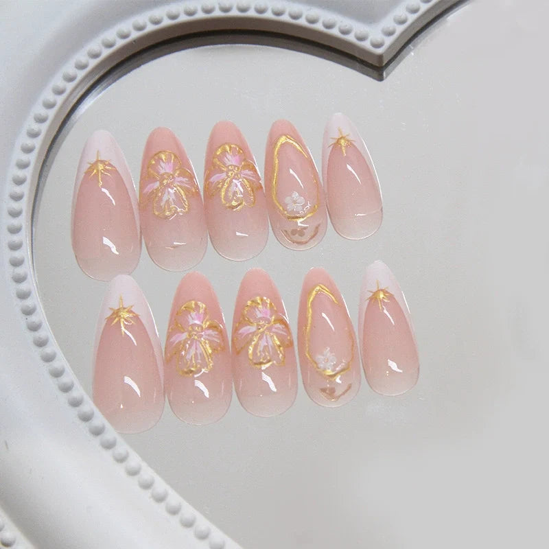N-368 - Gold Foil Flower Peach - Press On Nail Set Of 24 - Free 24 Pcs Sticker Sheet Included