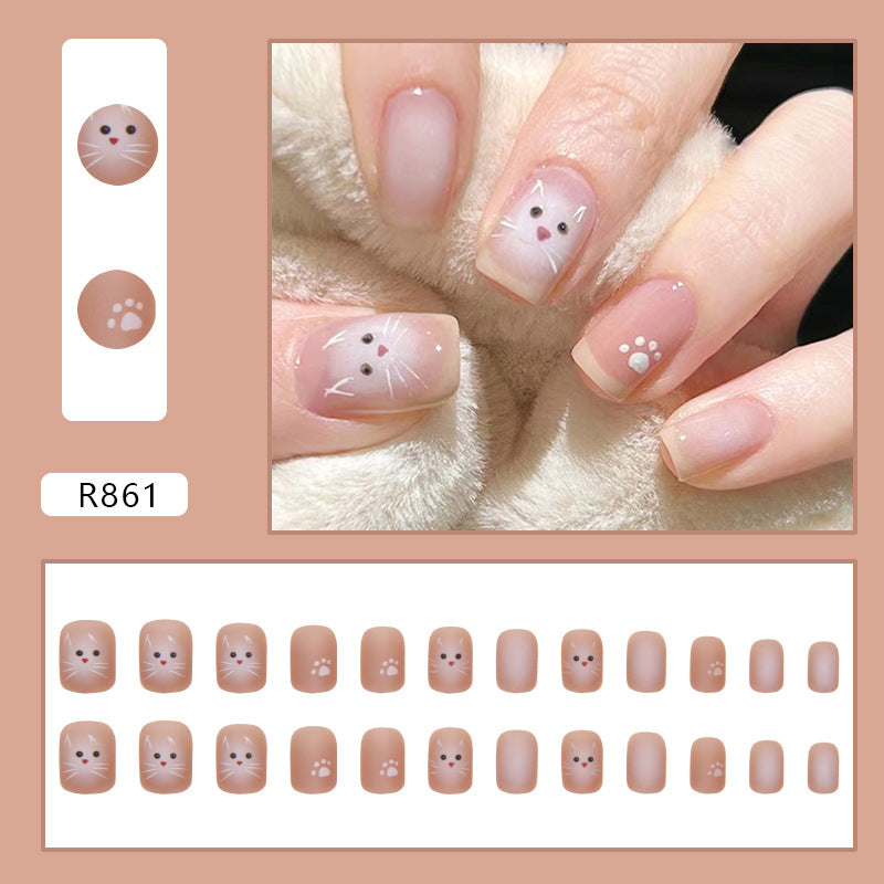N-185 - Cute Cat & Paw - Press On Nail Set Of 24 - Free 24 Pcs Sticker Sheet Included