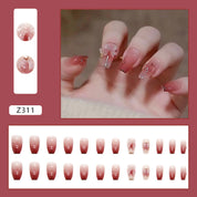 N-195 -  Shiny Butterfly Dark Pink  - Press On Nail Set Of 24 - Free 24 Pcs Sticker Sheet Included