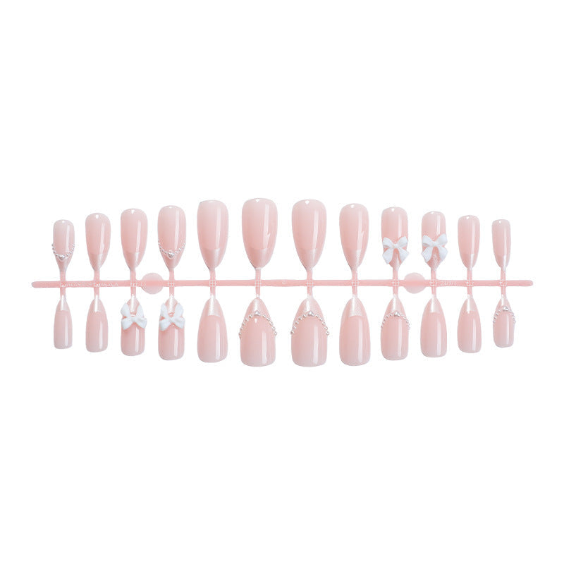 N-203 - Pearl & Bow Shiny   - Press On Nail Set Of 24 - Free Nail Kit Included
