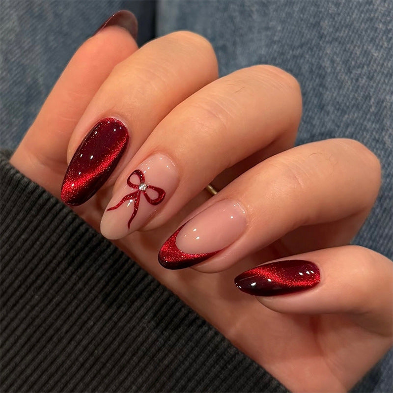 N-340 - Red Bow - Press On Nail Set Of 24 - Free Nail Kit Included