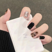 N-194 -  Fancy Foiled Black & Mix - Press On Nail Set Of 24 - Free 24 Pcs Sticker Sheet Included