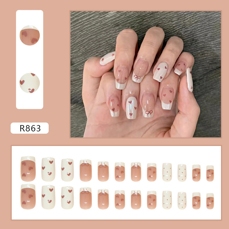 N-178 - Heart & Bows - Press On Nail Set Of 24 - Free 24 Pcs Sticker Sheet Included