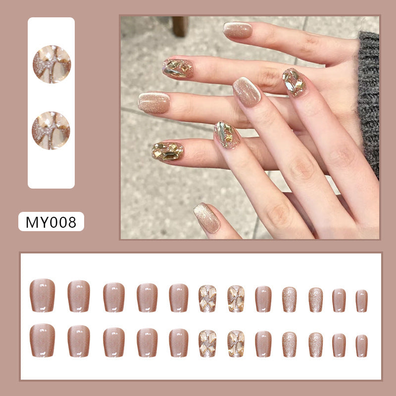 N-162 - Gold Crystal Diamond Pink - Press On Nail Set Of 24 - Free 24 Pcs Sticker Sheet Included