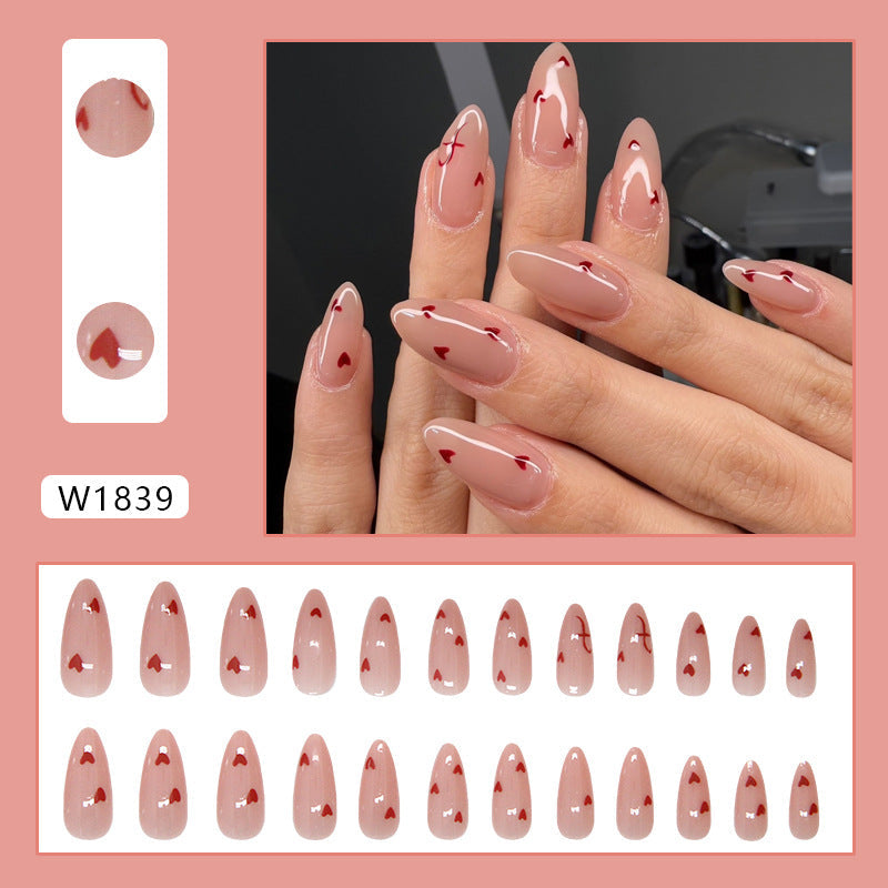 N-275 - Red Hearts Pink  - Press On Nail Set Of 24 - Free 24 Pcs Sticker Sheet Included