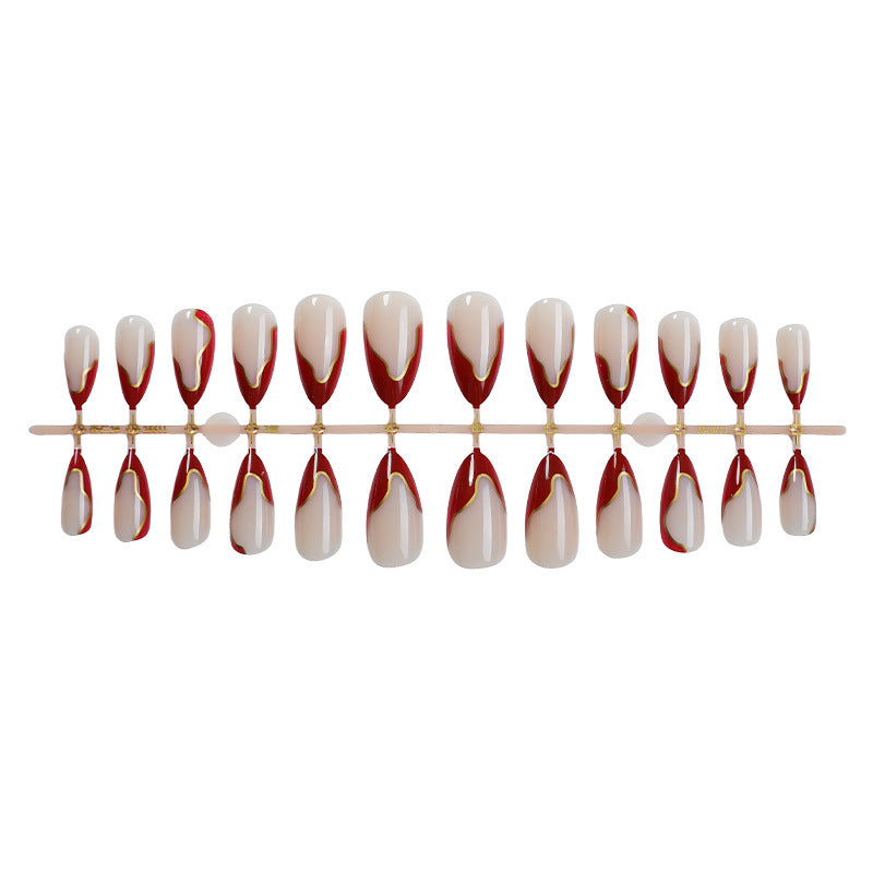 N-343 - Stylish Red & Foiled - Press On Nail Set Of 24 - Free Nail Kit Included