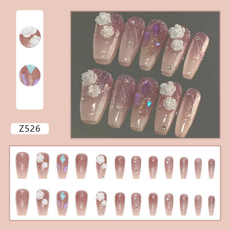 N-302 - Crystal & Milk White Camellia - Press On Nail Set Of 24 - Free 24 Pcs Sticker Sheet Included