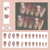 N-302 - Crystal & Milk White Camellia - Press On Nail Set Of 24 - Free 24 Pcs Sticker Sheet Included