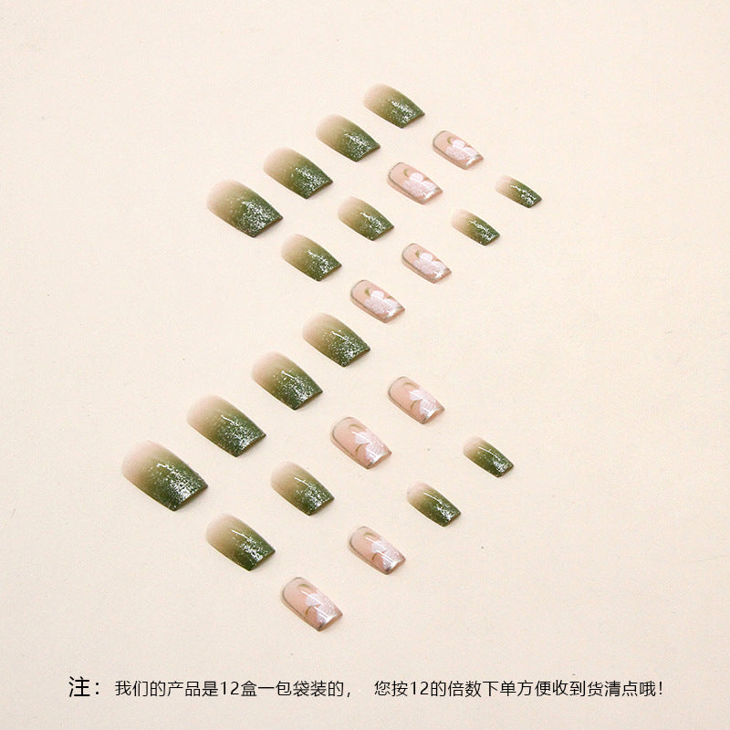 N-180 - Dream Flowers & Silver Sparkle Green - Press On Nail Set Of 24 - Free 24 Pcs Sticker Sheet Included