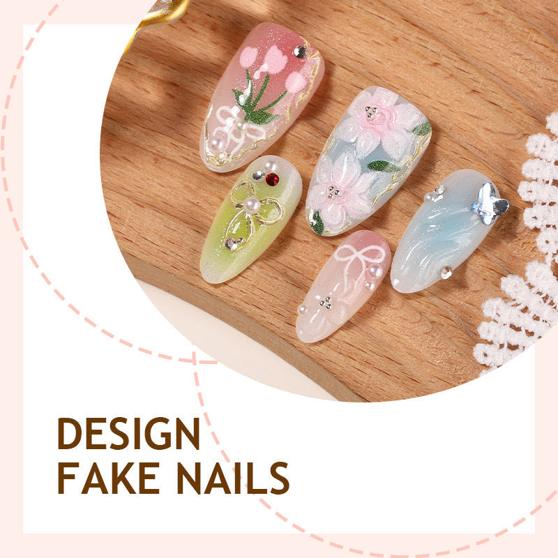 N-381 - Shiny Oil Painting - Press On Nail Set Of 30 - Free 24 Pcs Sticker Sheet Included