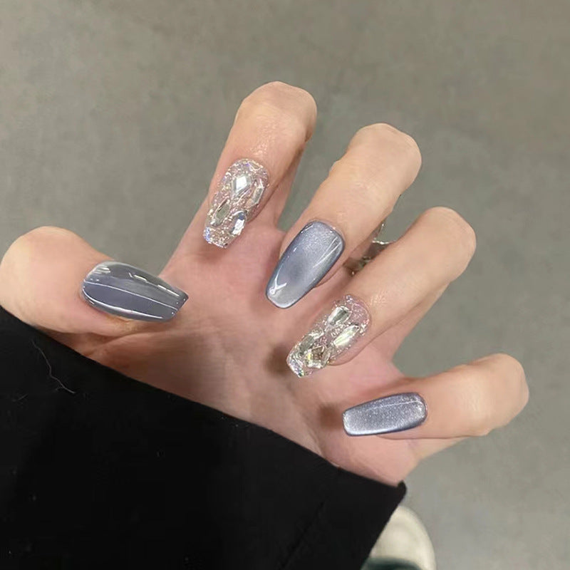 N-264 - Glacier & Crystal Diamonds- Press On Nail Set Of 24 - Free 24 Pcs Sticker Sheet Included