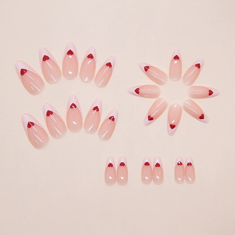 N-355 - Red Heart - Print Press On Nail Set Of 24 - Free 24 Pcs Sticker Sheet Included