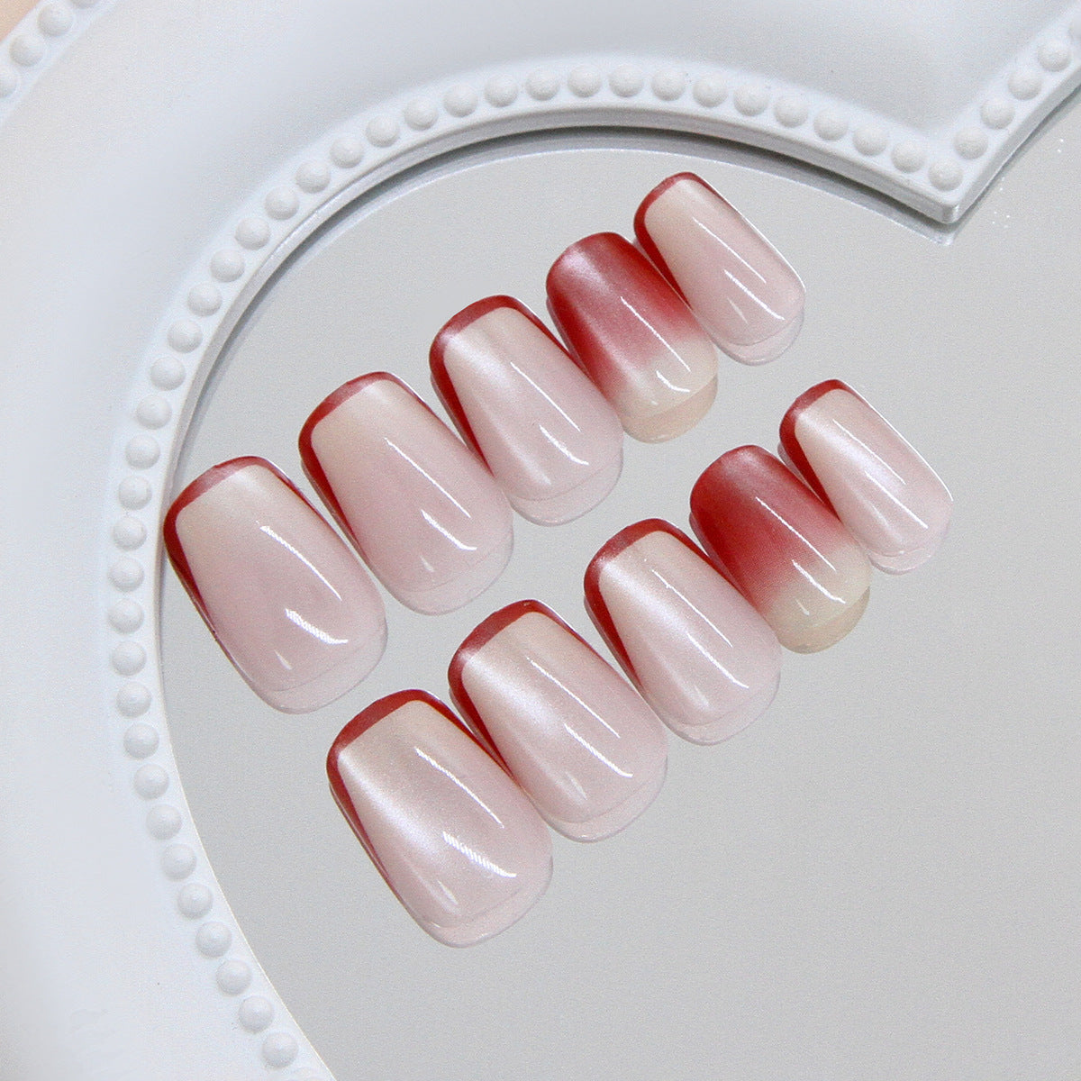 N-305 - Pastel Red Line  - Press On Nail Set Of 24 - Free 24 Pcs Sticker Sheet Included