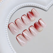 N-305 - Pastel Red Line  - Press On Nail Set Of 24 - Free 24 Pcs Sticker Sheet Included
