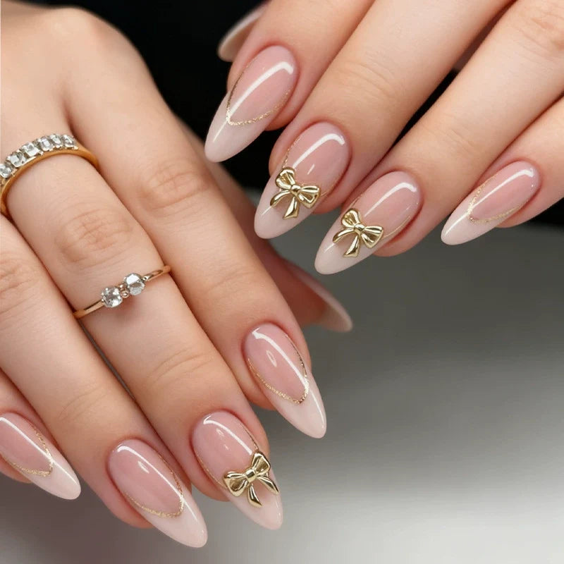 N-386 -  Shiny Pink & Gold Bow - Press On Nail Set Of 24 - Free 24 Pcs Sticker Sheet Included