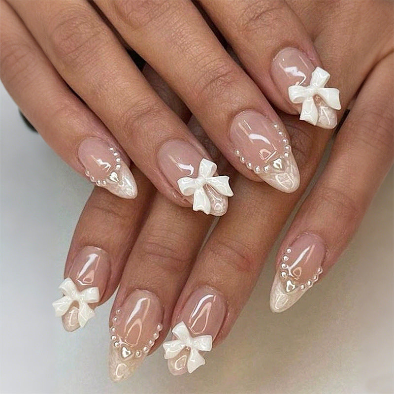 N-203 - Pearl & Bow Shiny   - Press On Nail Set Of 24 - Free Nail Kit Included