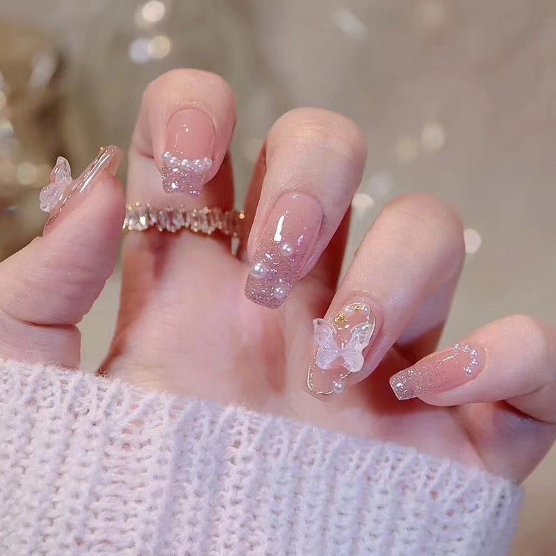 N-152 - Pink Sparkle Butterfly  - Press On Nail Set Of 24 - Free 24 Pcs Sticker Sheet Included