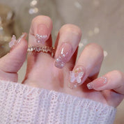 N-160 - Pearl & Butterfly Shiny Pink - Press On Nail Set Of 24 - Free 24 Pcs Sticker Sheet Included