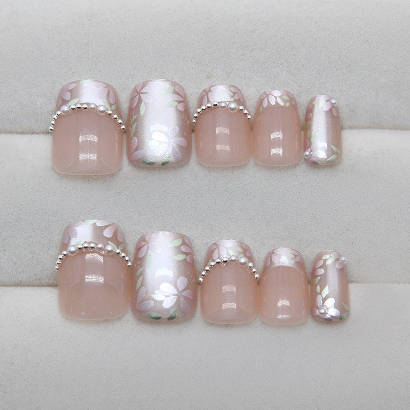 N-254 - Pearly Flower  - Press On Nail Set Of 24 - Free 24 Pcs Sticker Sheet Included