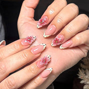 N-382 - Polka Pink Flower - Press On Nail Set Of 30 - Free 24 Pcs Sticker Sheet Included
