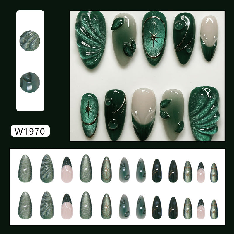 N-245 -Iced Mist Forest Green  - Press On Nail Set Of 24 - Free 24 Pcs Sticker Sheet Included