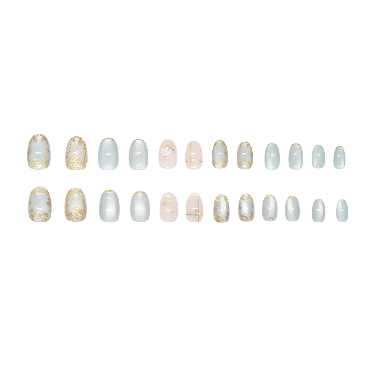 N-252  - Premium Gem Gold Flowers - Press On Nail Set Of 24 - Free 24 Pcs Sticker Sheet Included
