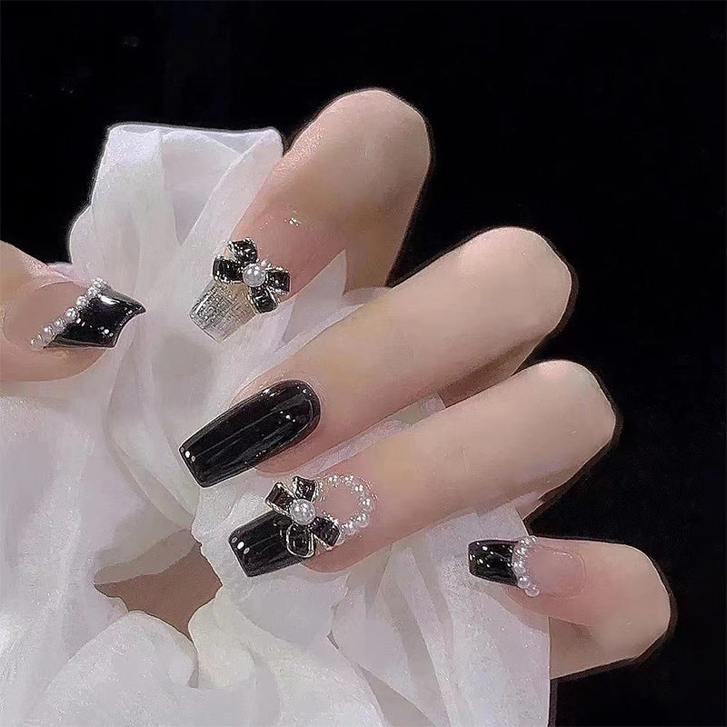 N-190 -  Bow & Pearl Fancy - Press On Nail Set Of 24 - Free 24 Pcs Sticker Sheet Included