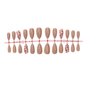 N-215 - Fancy Print & Pastel Brown - Press On Nail Set Of 24 - Free Nail Kit Included