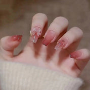 N-195 -  Shiny Butterfly Dark Pink  - Press On Nail Set Of 24 - Free 24 Pcs Sticker Sheet Included