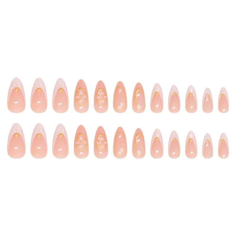 N-368 - Gold Foil Flower Peach - Press On Nail Set Of 24 - Free 24 Pcs Sticker Sheet Included