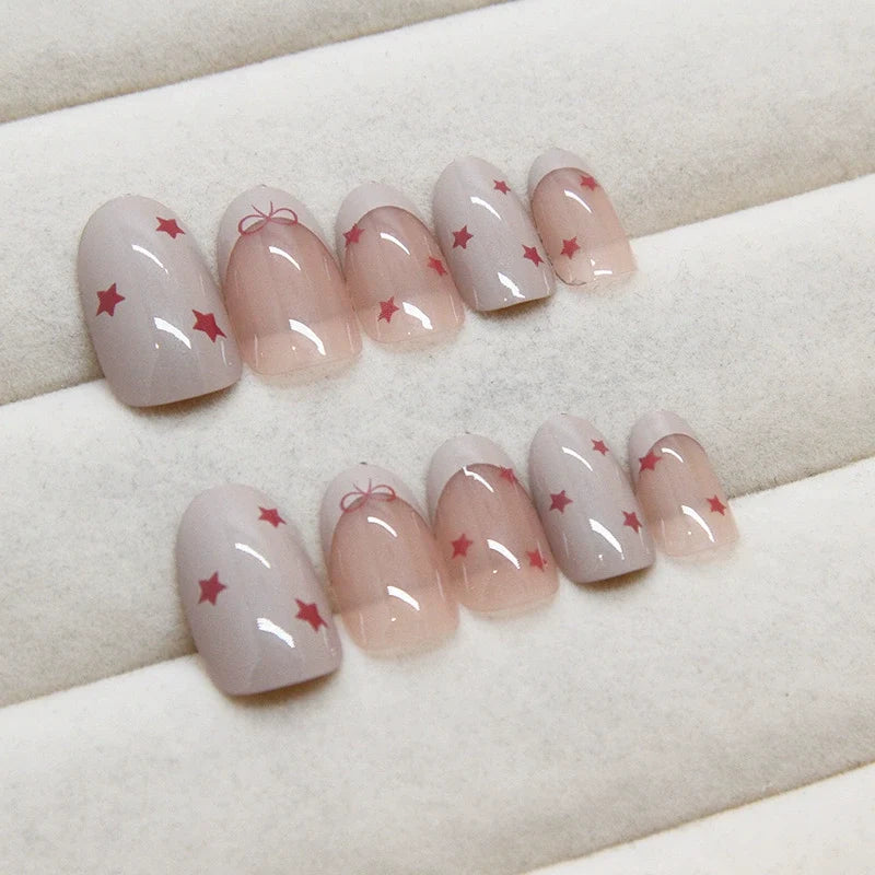 N-367 - Red Bow & Stars   - Print Press On Nail Set Of 24 - Free 24 Pcs Sticker Sheet Included