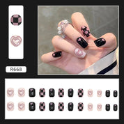 N-173 - Black & Pink Grid & Pastel Heart - Press On Nail Set Of 24 - Free 24 Pcs Sticker Sheet Included