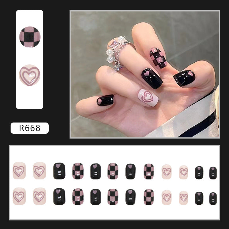 N-173 - Black & Pink Grid & Pastel Heart - Press On Nail Set Of 24 - Free 24 Pcs Sticker Sheet Included