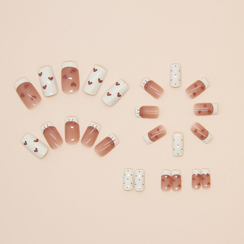 N-178 - Heart & Bows - Press On Nail Set Of 24 - Free 24 Pcs Sticker Sheet Included