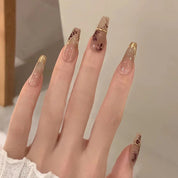 N-263 - Foiled Flower - Press On Nail Set Of 24 - Free 24 Pcs Sticker Sheet Included