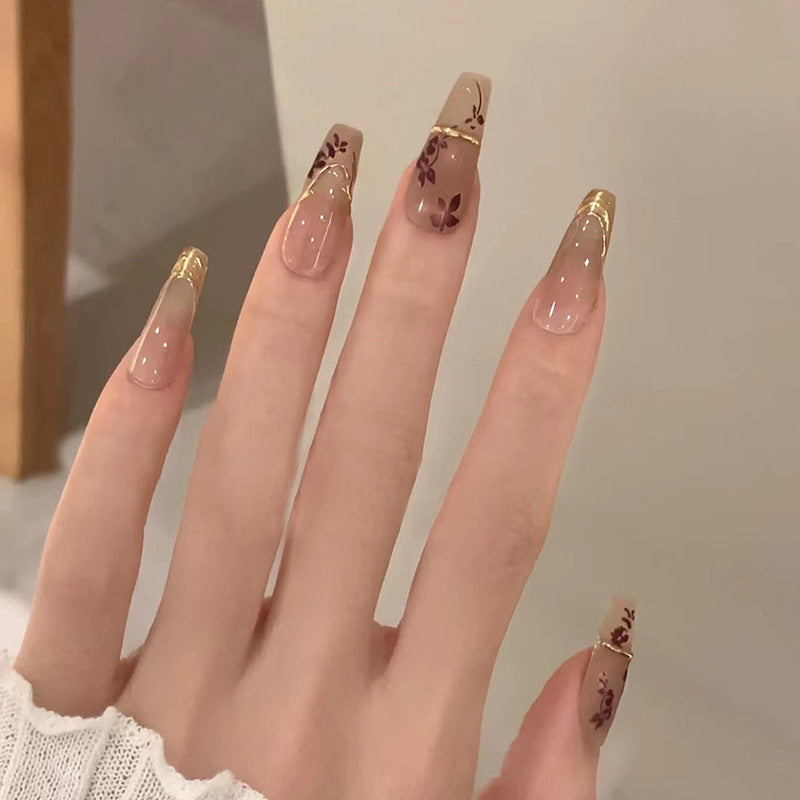 N-263 - Foiled Flower - Press On Nail Set Of 24 - Free 24 Pcs Sticker Sheet Included