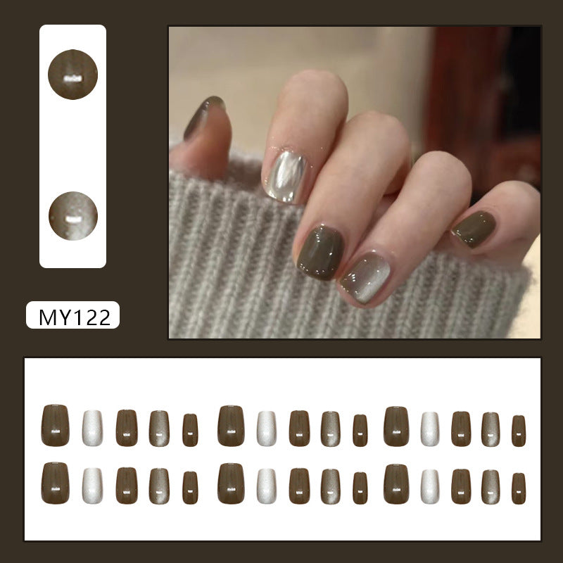 N-253 - Coffee & Crystal White  - Press On Nail Set Of 24 - Free 24 Pcs Sticker Sheet Included