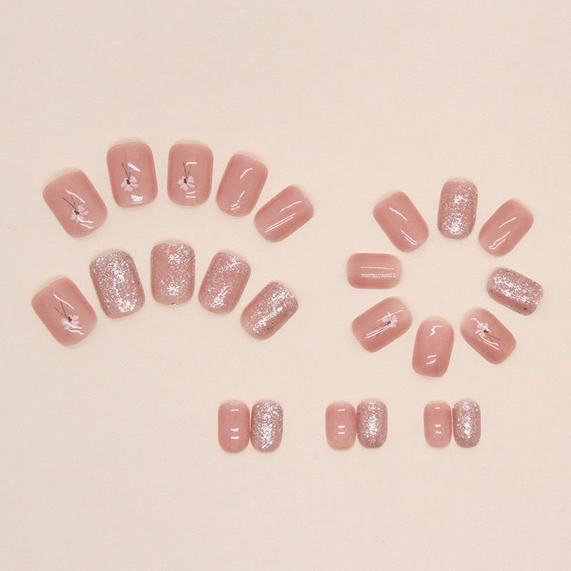 N-110 - Glitter Pink & Flower  - Press On Nail Set Of 24  - Free 24 Pcs Sticker Sheet Included
