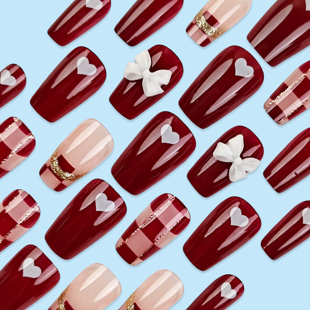N-327 - Fancy Bow Red Shiny   - Press On Nail Set Of 24 - Free 24 Pcs Sticker Sheet Included
