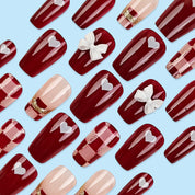 N-327 - Fancy Bow Red Shiny   - Press On Nail Set Of 24 - Free 24 Pcs Sticker Sheet Included