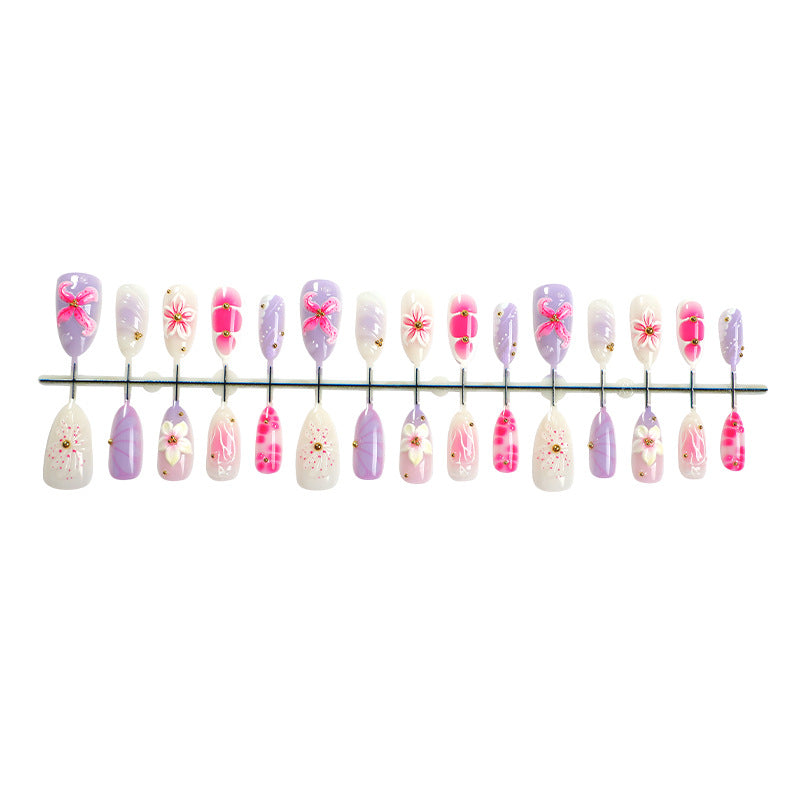 N-380 - Pink Flower - Press On Nail Set Of 30 - Free 24 Pcs Sticker Sheet Included