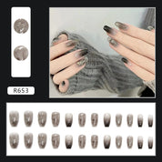 N-174 -Silver Foiled Black& Grey  - Press On Nail Set Of 24 - Free 24 Pcs Sticker Sheet Included