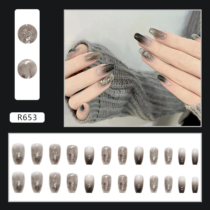 N-174 -Silver Foiled Black& Grey  - Press On Nail Set Of 24 - Free 24 Pcs Sticker Sheet Included
