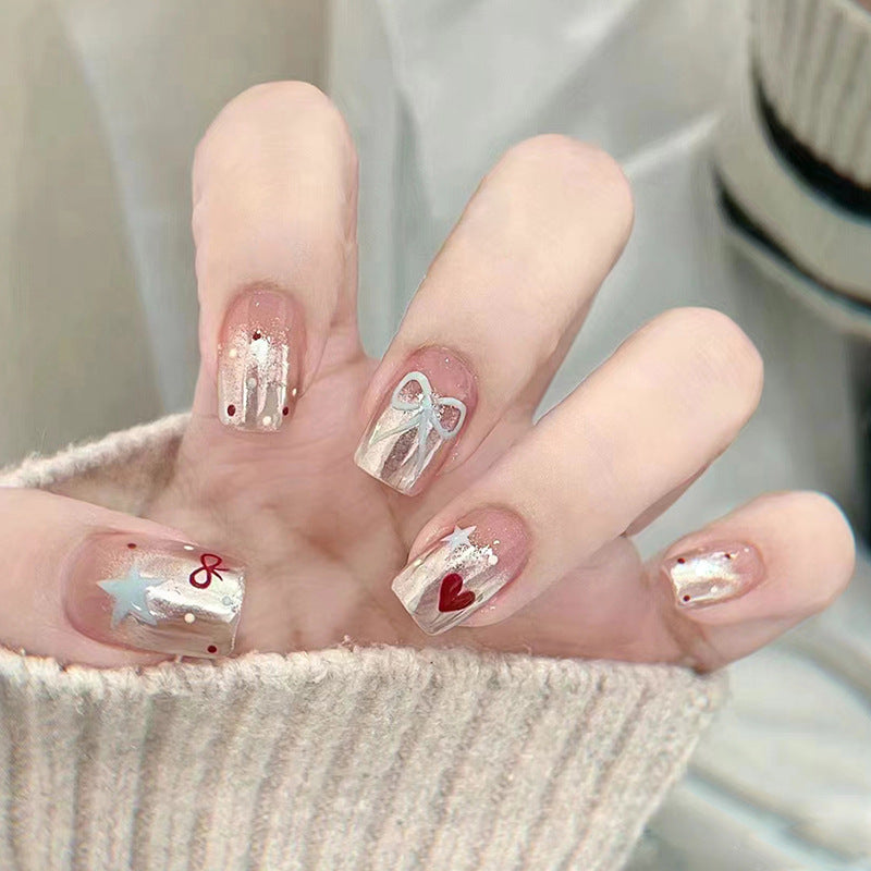 N-186 - Bow & Stars  - Press On Nail Set Of 24 - Free 24 Pcs Sticker Sheet Included