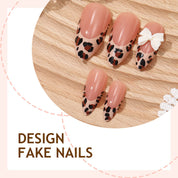N-197 - Bow & Leopard Print - Press On Nail Set Of 24 - Free Nail Kit  Included