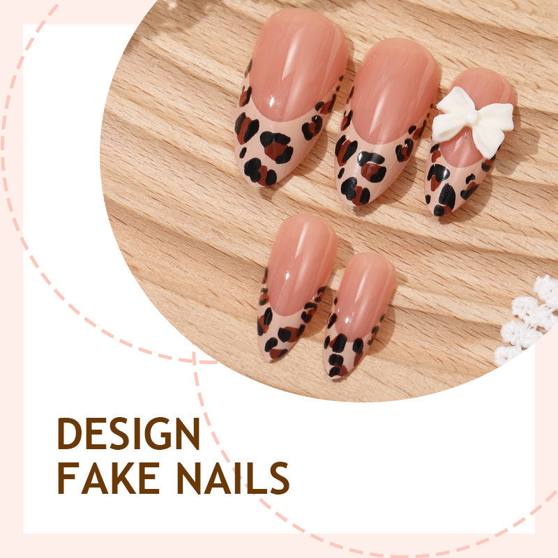 N-197 - Bow & Leopard Print - Press On Nail Set Of 24 - Free Nail Kit  Included