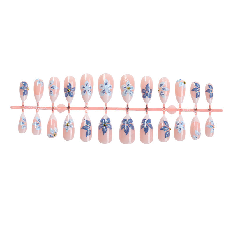 N-205 - Watercolor Blue Foiled Flowers - Press On Nail Set Of 24 - Free Nail Kit Included