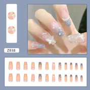 N-165 - Fantasy Butterfly & Pearl  - Press On Nail Set Of 24 - Free 24 Pcs Sticker Sheet Included