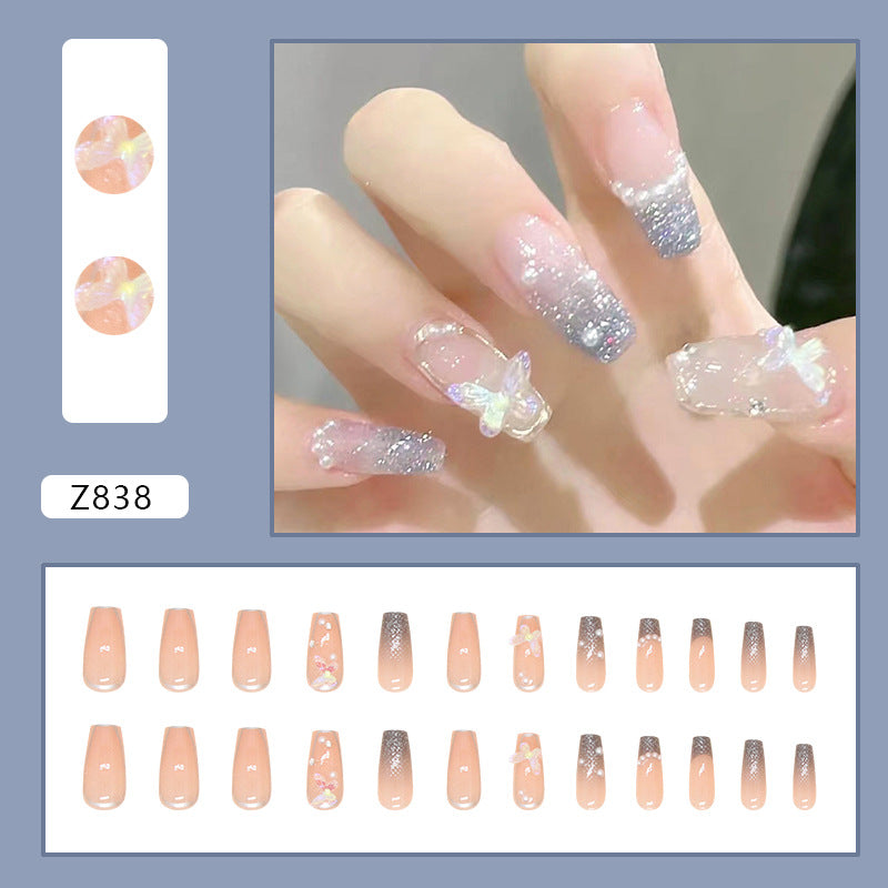 N-165 - Fantasy Butterfly & Pearl  - Press On Nail Set Of 24 - Free 24 Pcs Sticker Sheet Included