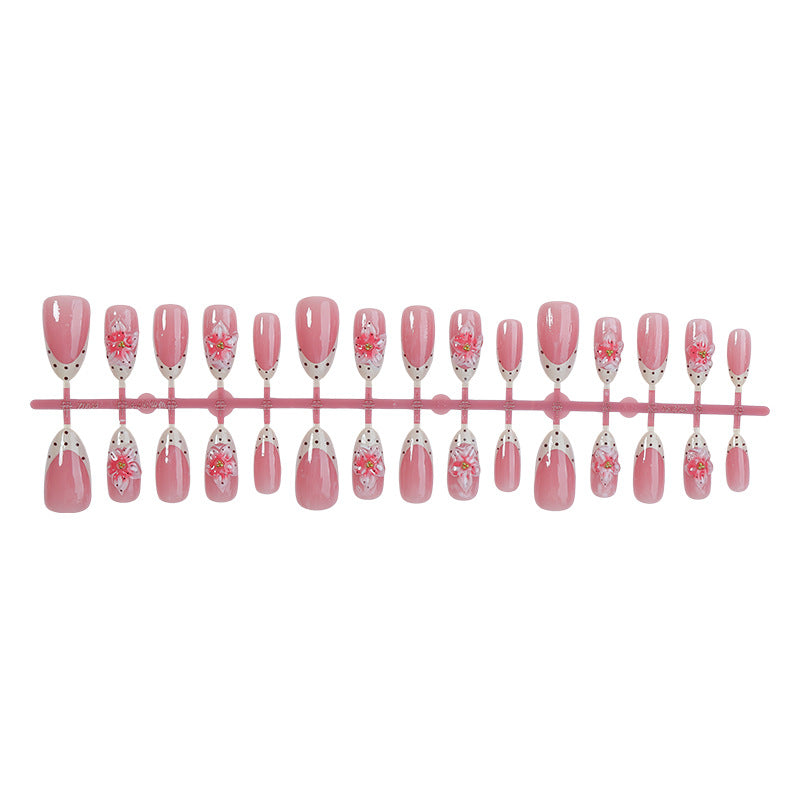 N-382 - Polka Pink Flower - Press On Nail Set Of 30 - Free 24 Pcs Sticker Sheet Included